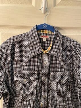 True Religion Navy and White Check Western Button-Down Shirt with Yellow Trim
